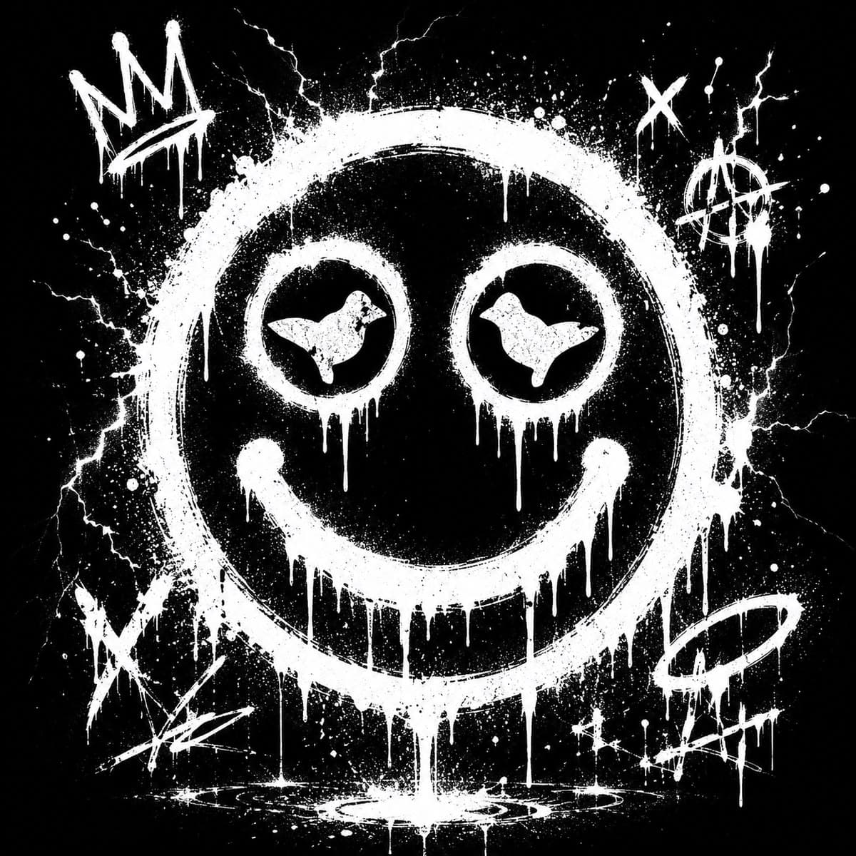 The DOVEDUP mark in white graffiti with crown, halo and anarchy tags on black