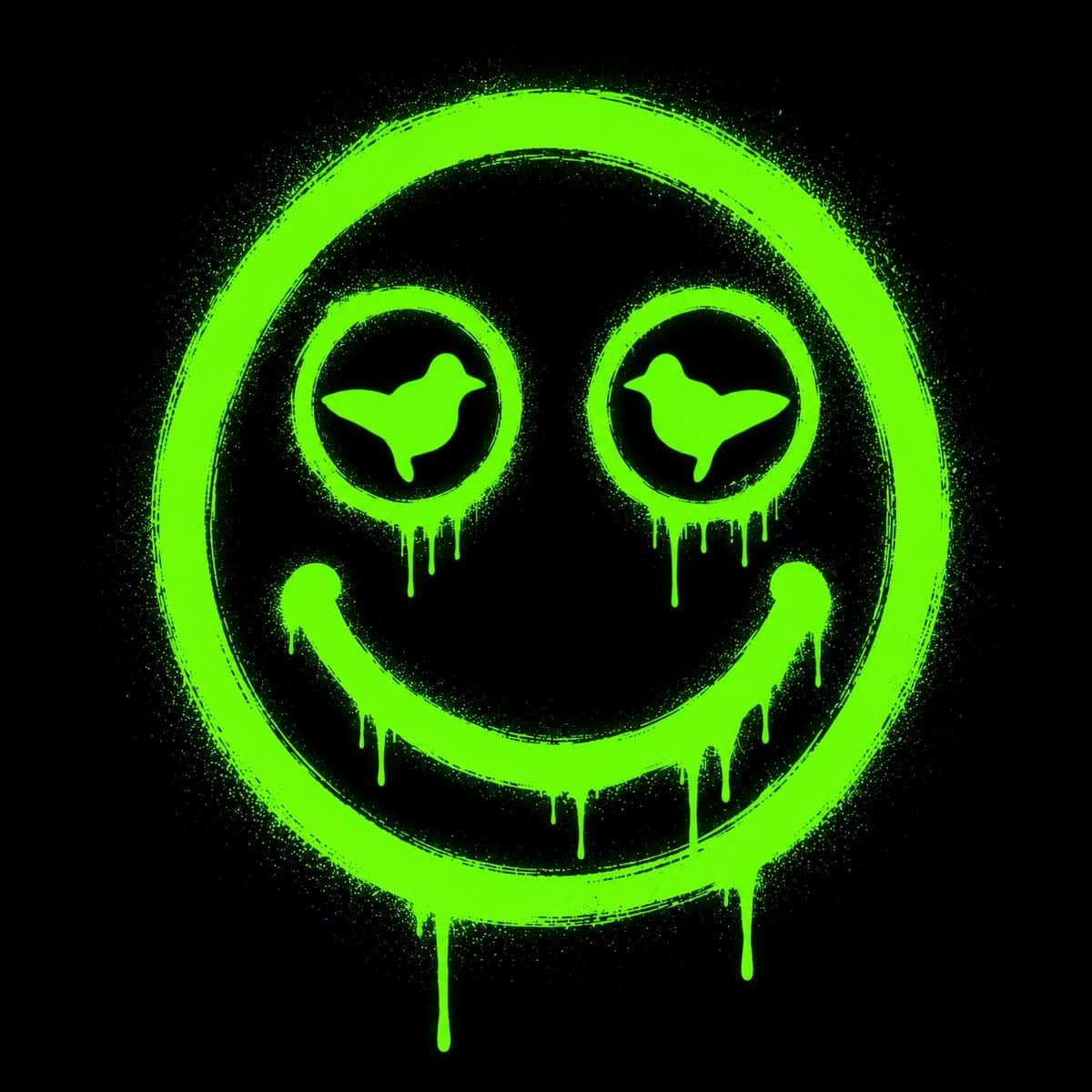The DOVEDUP spray smiley with dove eyes in acid green on black