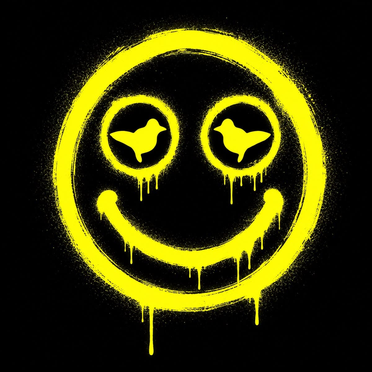 The DOVEDUP mark: a yellow spray-paint acid smiley with doves for eyes on black
